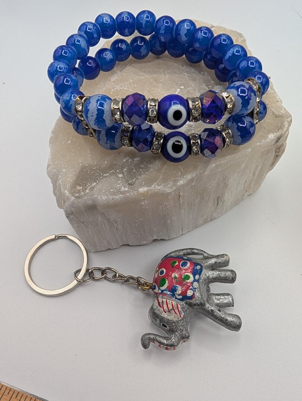 Blue Beaded Stretch Bracelets Set Evil Eye Charm & Elephant Keychain Gift Set
